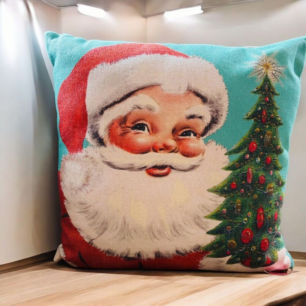 NEW Santa Throw Pillow Retro Christmas Tree Accent Decor Turquoise 17” x 17”